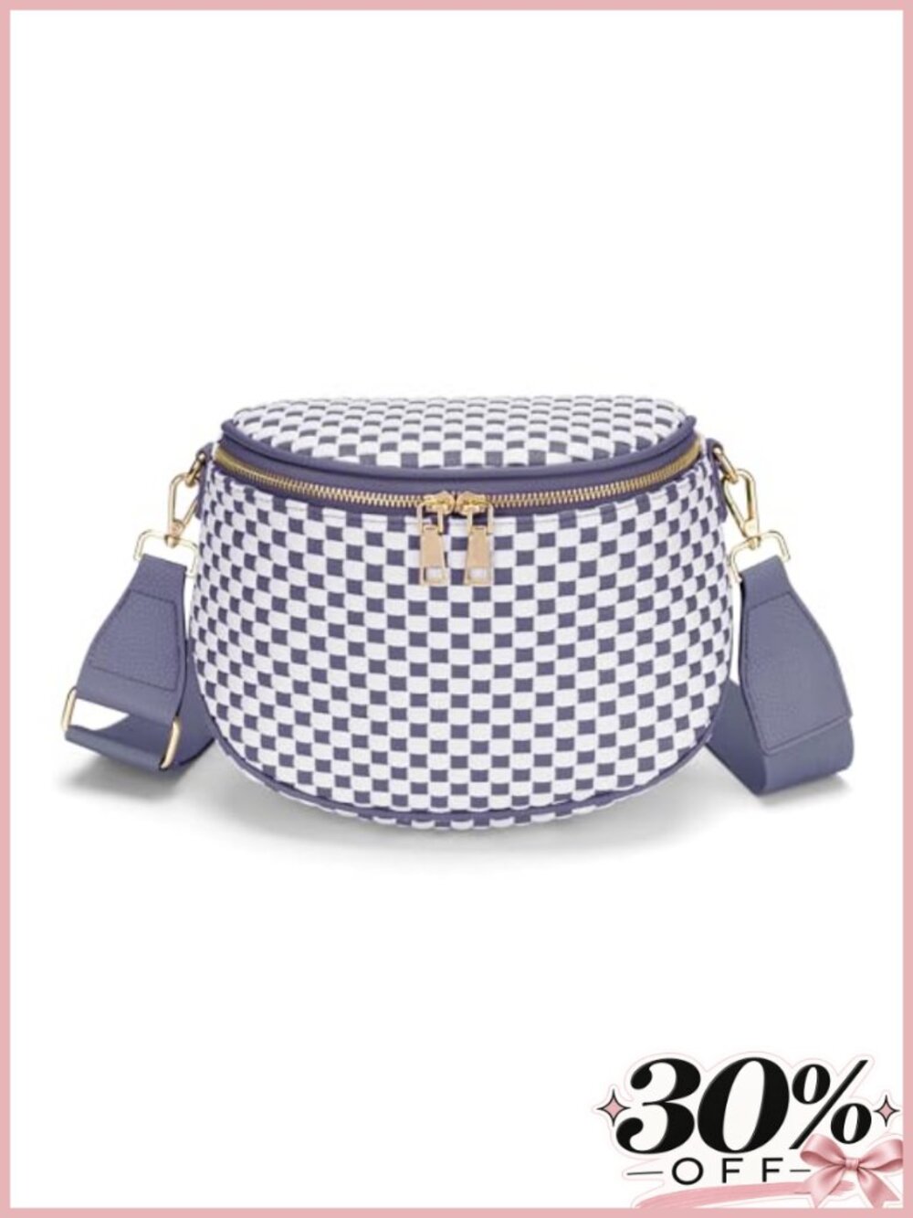 Woven Vegan Leather Checkered Crossbody Bag Adjustable Strap with Zipper